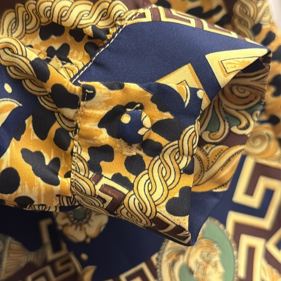Vintage 80’s Baroque Animal Print Scarf Blouse Gold & Navy Opulent Abstract 14 - Picture 9 of 14